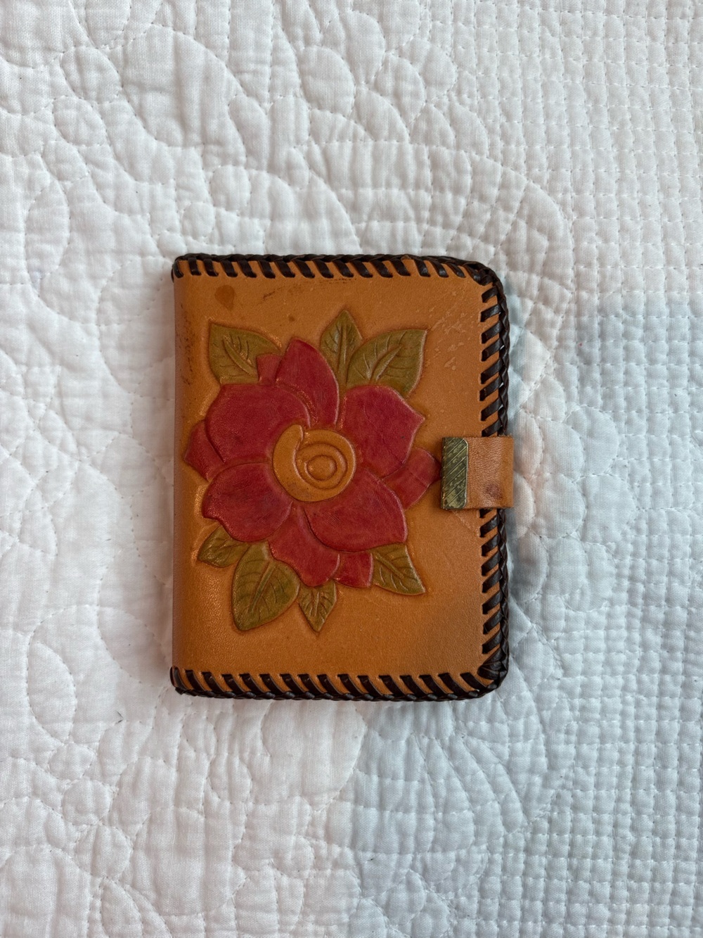 Vintage 70s Genuine Leather Hand Stitched Wallet with Red Floral Graphic